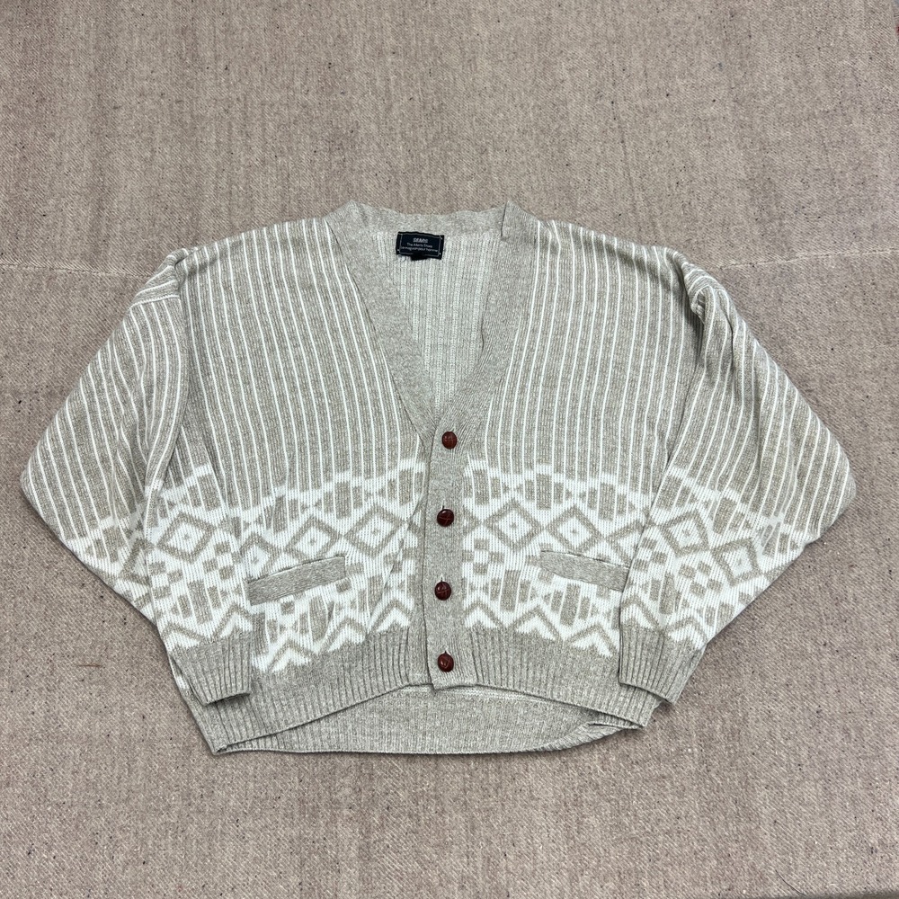 Vintage Sears Cardigan Mens Large‎ Gray 1980s Button Up Argyle